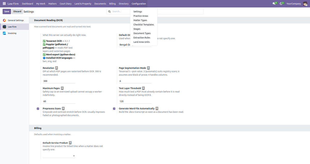 Easy Law Firm settings with the OCR engine status panel showing installed languages