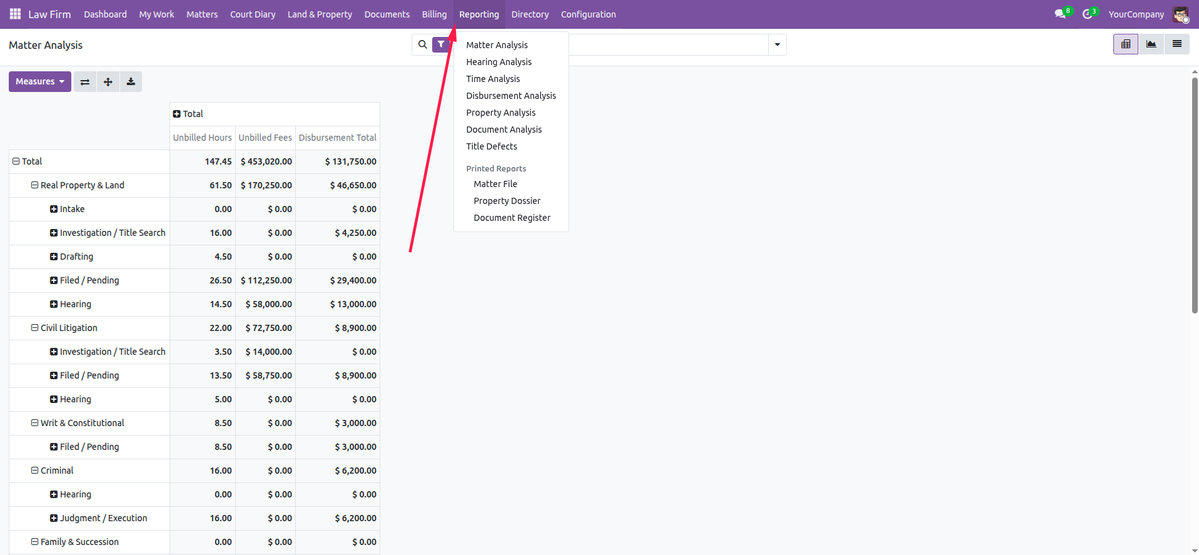 Legal dashboard Reports menu with practice report preview, PDF and Excel download options