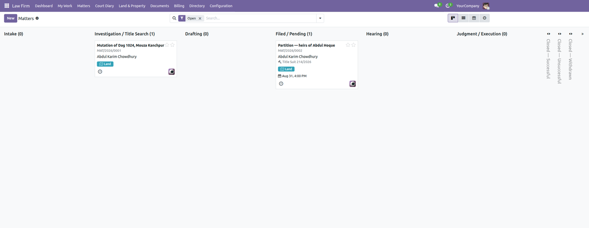 Matter kanban pipeline across intake, investigation, drafting, filed and hearing stages