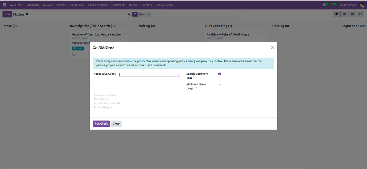 Conflict of interest check wizard searching matters, parties and document text