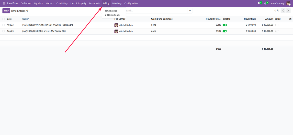 Time entries list with matter, fee earner, hours, rate and billed status