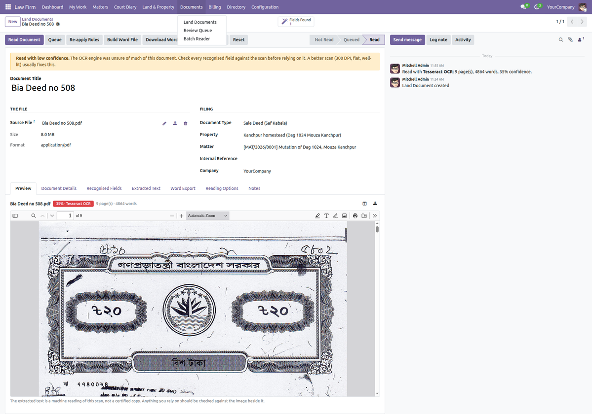 Land document record with the scan preview, reading status, confidence and recognised fields