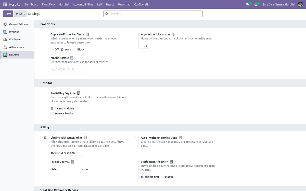 Hospital settings page with bed billing rule, closing policy, invoicing and vital sign reference ranges