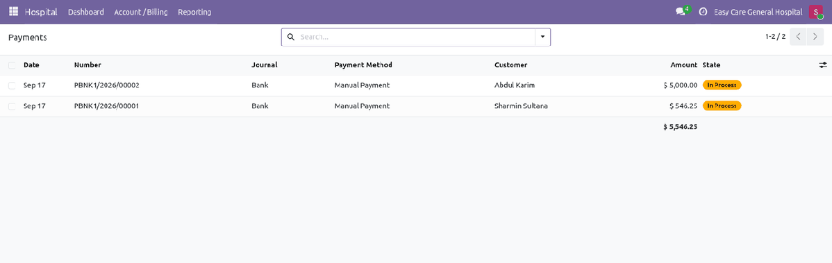 Payments received at the hospital counter with cashier and method