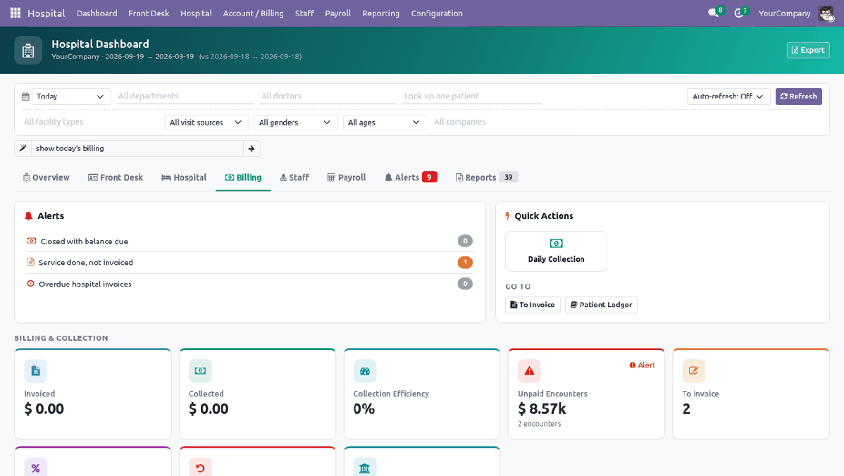 Hospital dashboard after an AI natural language query navigated to the Billing tab