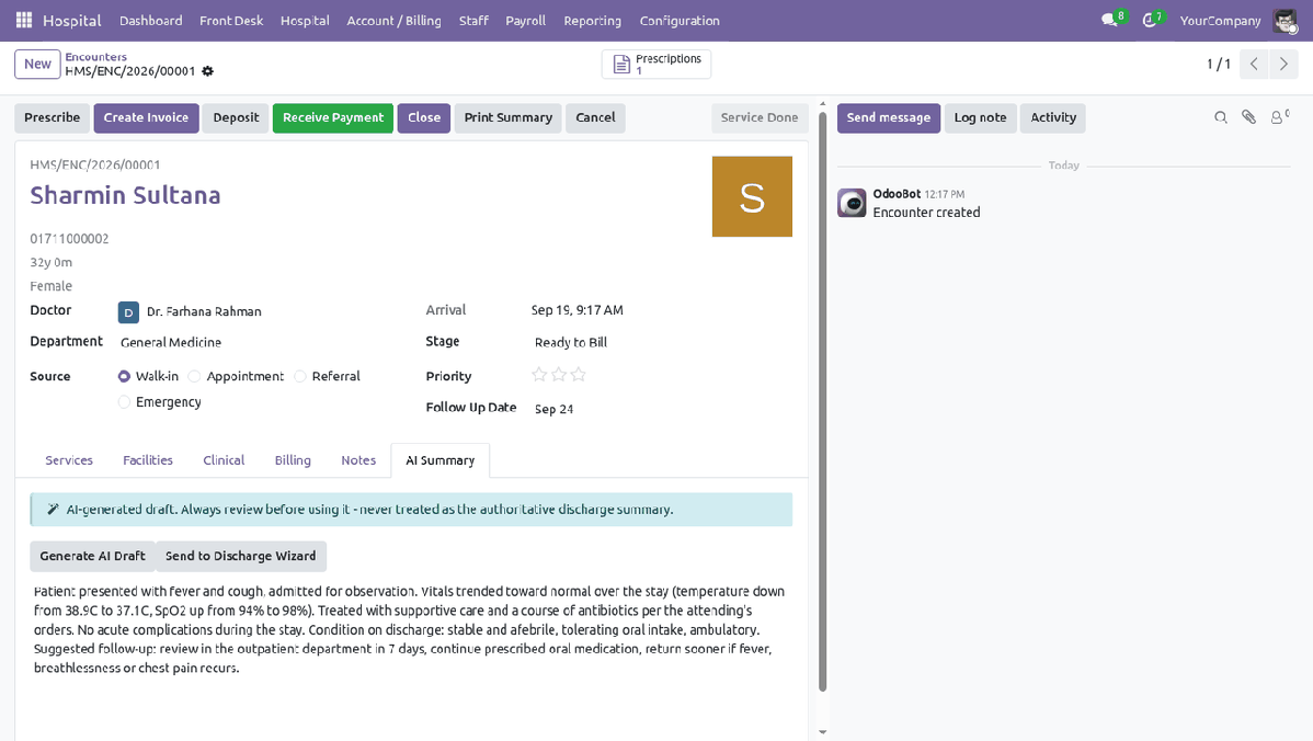 Encounter AI Summary tab with a generated discharge draft and a banner asking staff to review it before use
