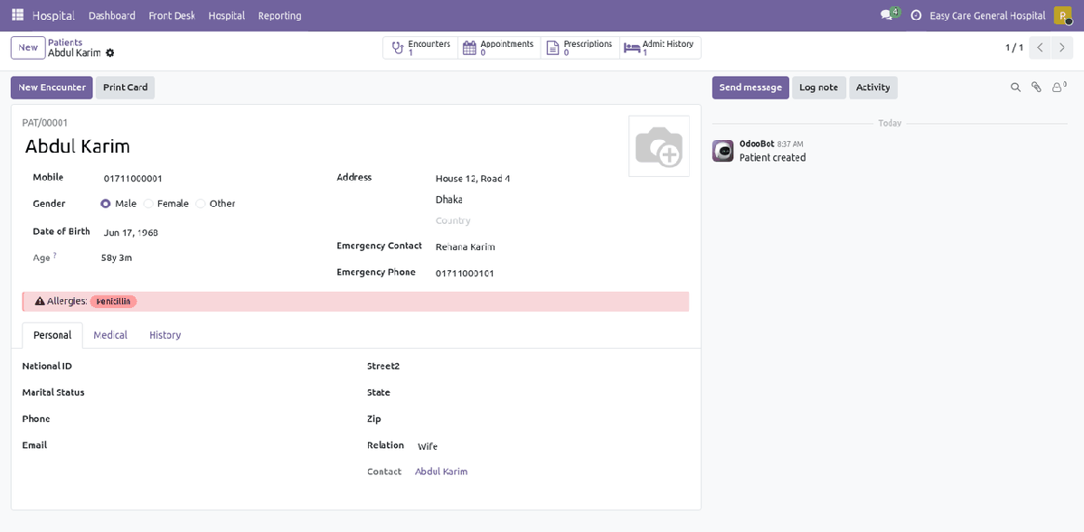 Saved patient record with counters for encounters, appointments, prescriptions and admissions