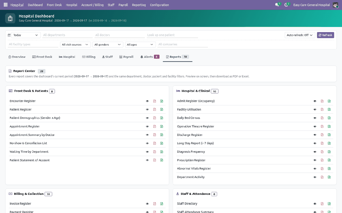 Report centre listing every report grouped by area with preview, PDF and Excel buttons