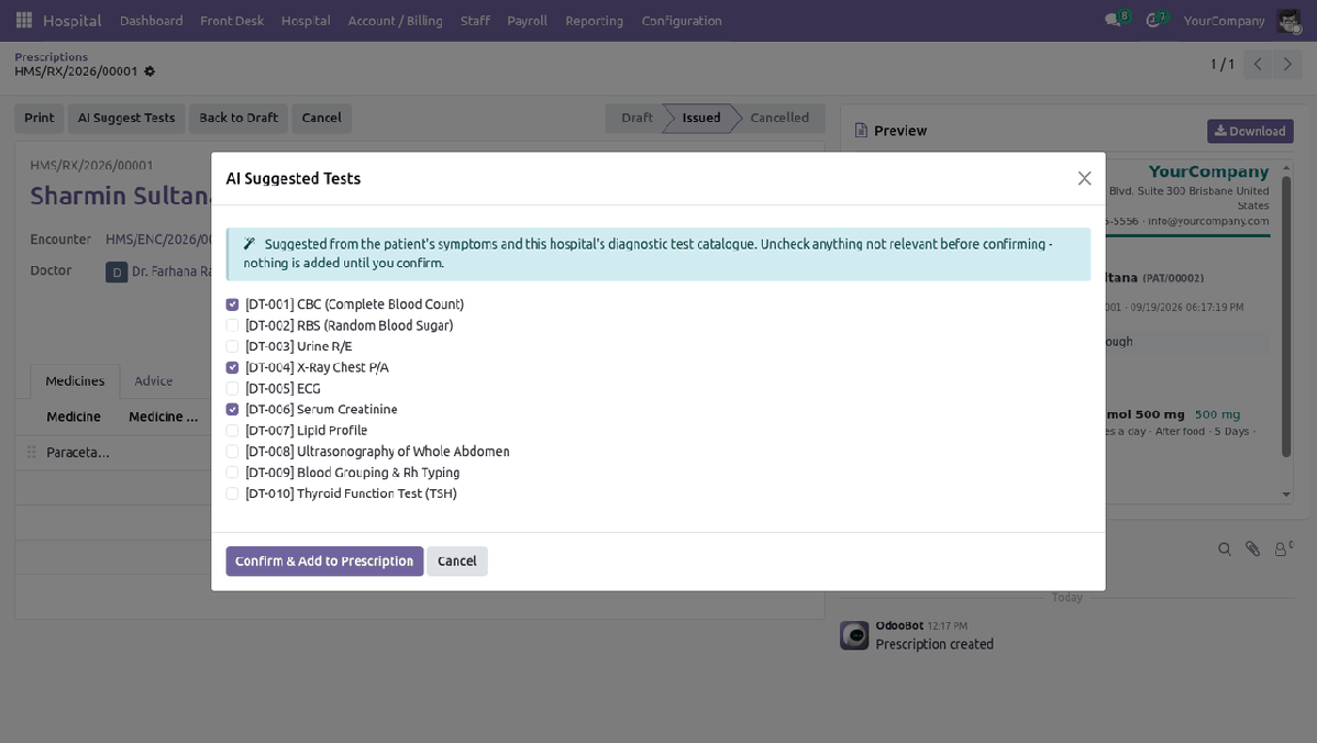 AI Suggested Tests wizard with matched diagnostic tests pre-ticked, ready to confirm or uncheck