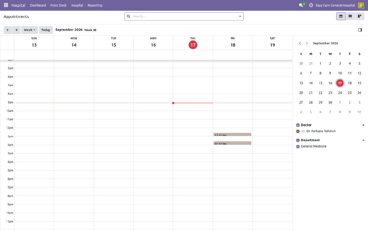 Appointment calendar with bookings coloured per doctor