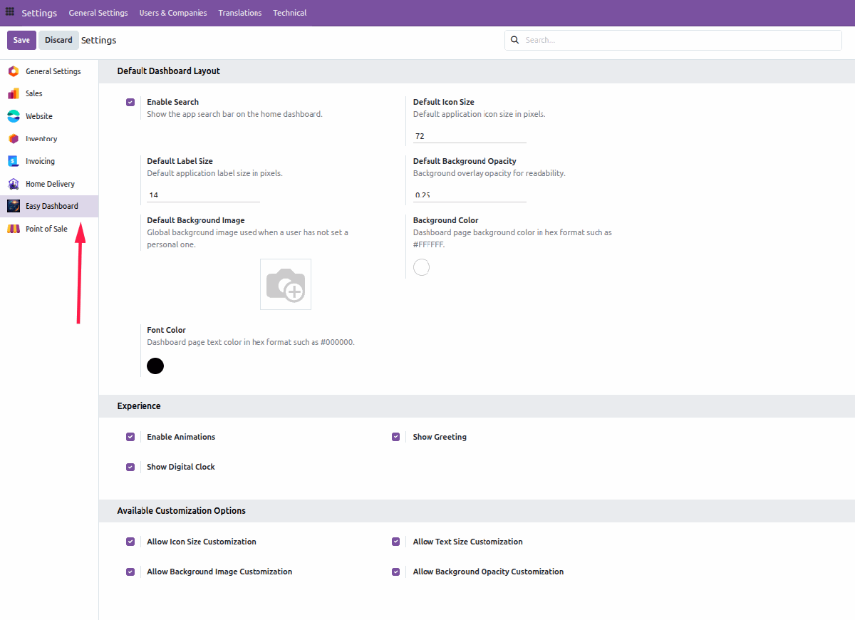 Odoo home dashboard launcher settings