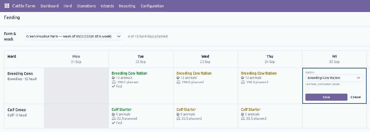 Planning a feeding round in the weekly plan