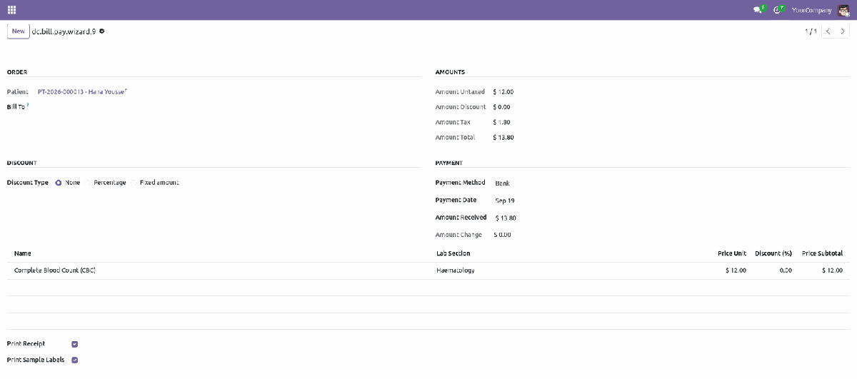 Bill and Pay wizard with amounts, discount type, payment method and print receipt and print sample labels options