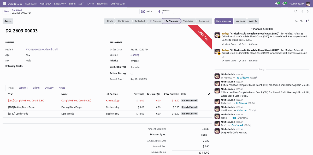 Order form Tests tab with three tests, their lab section, price and Results Entered state, and a critical banner