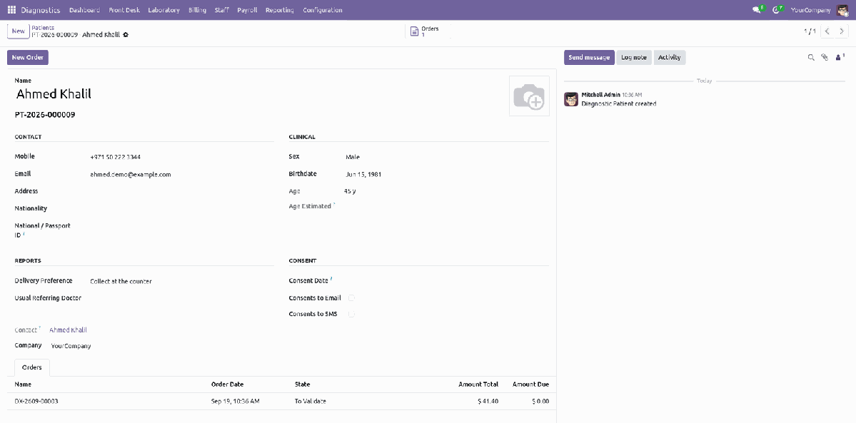 Patient record with contact, clinical and delivery preference details, and the orders placed against it