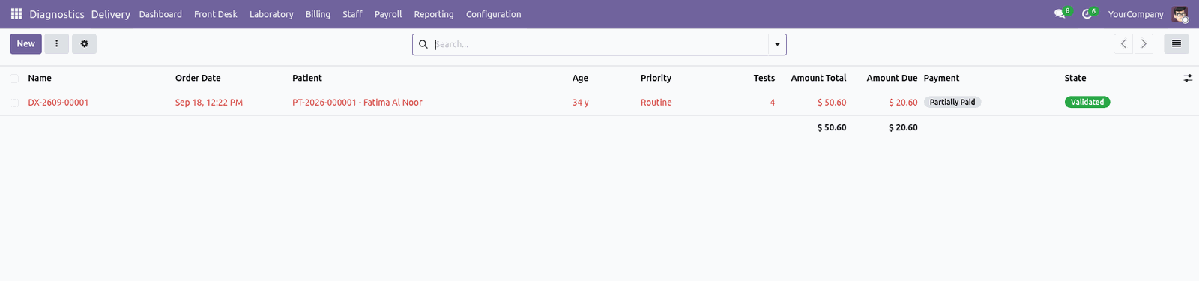 Delivery queue with a validated order and a partially paid balance shown in red