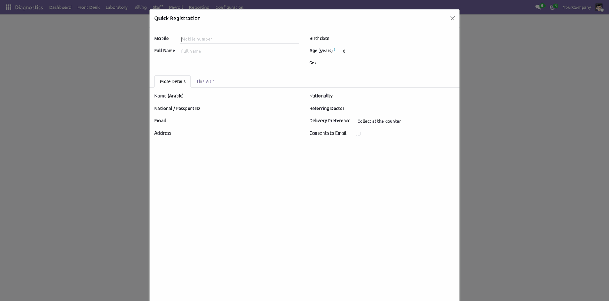 Quick Registration wizard with patient details, duplicate check and test selection