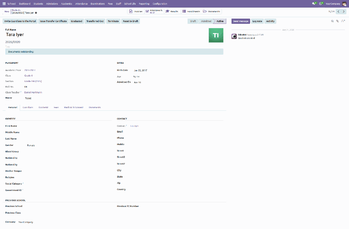 Student record with identity, guardians, placement, attendance and fee smart buttons