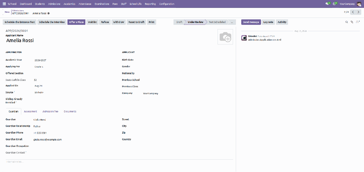 Admission application form with the process buttons across the top