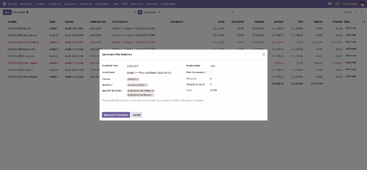 Bulk fee invoicing with a preview of students, total and how many are already invoiced