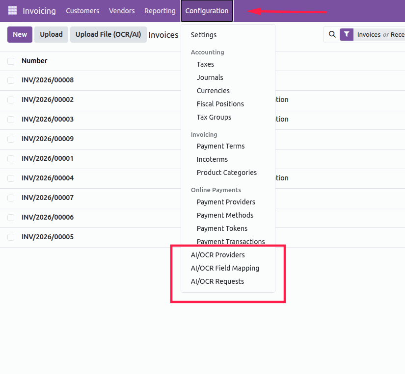 AI OCR menu entries under accounting configuration