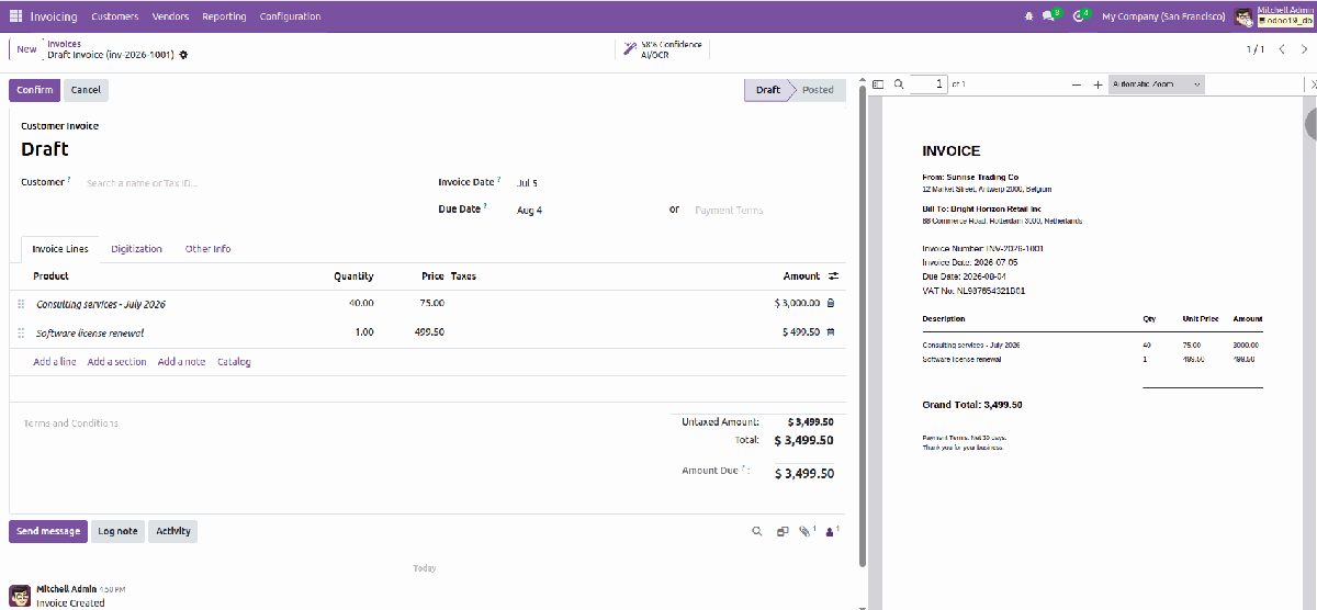 Created draft invoice with source PDF preview