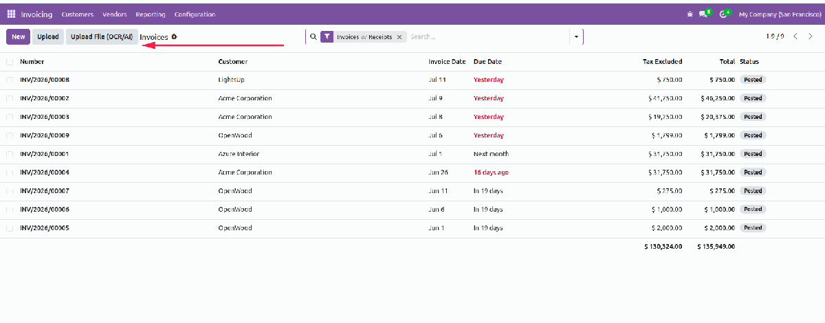 Upload file OCR AI button on invoice list