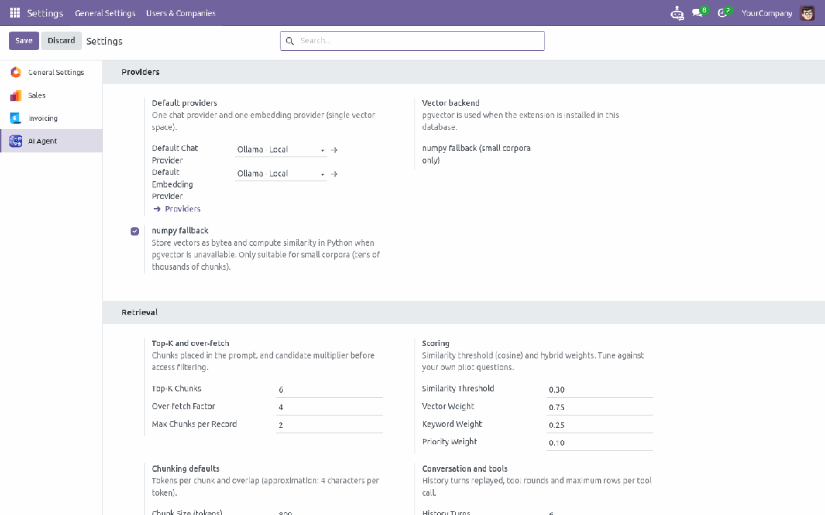 AI Agent settings with provider, retrieval, chunking, safety and retention blocks