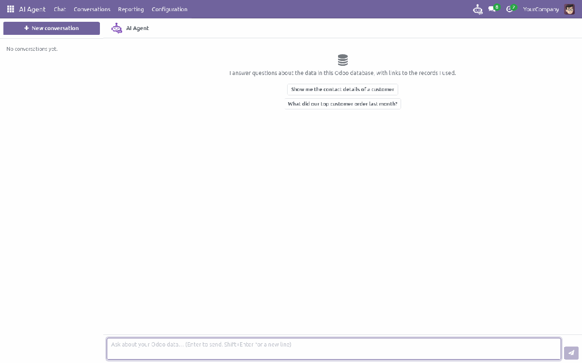 Empty chat screen with an explanation and example questions