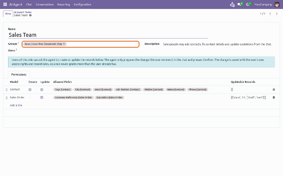 AI Agent Role with groups and permission lines for contacts and sales orders
