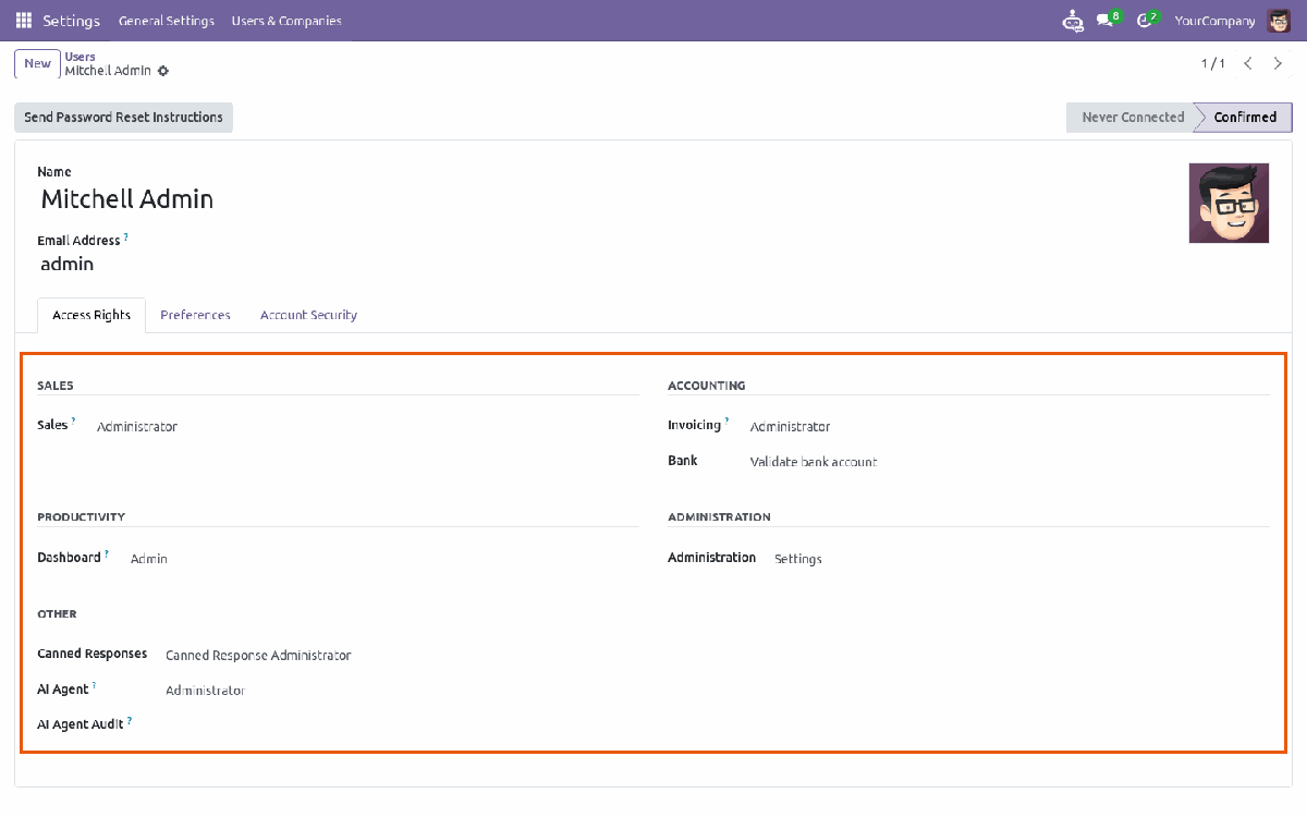 User form with the AI Agent and AI Agent Audit access rights