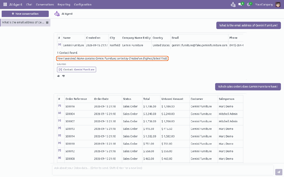 Full-screen chat with a contact table and a sales order table, record citations, a How I searched line and source buttons