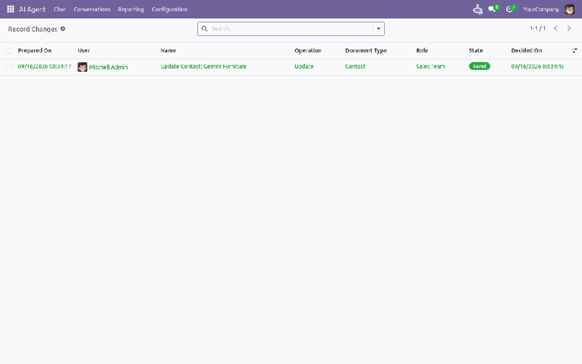 Record Changes report listing a saved contact update with user and role