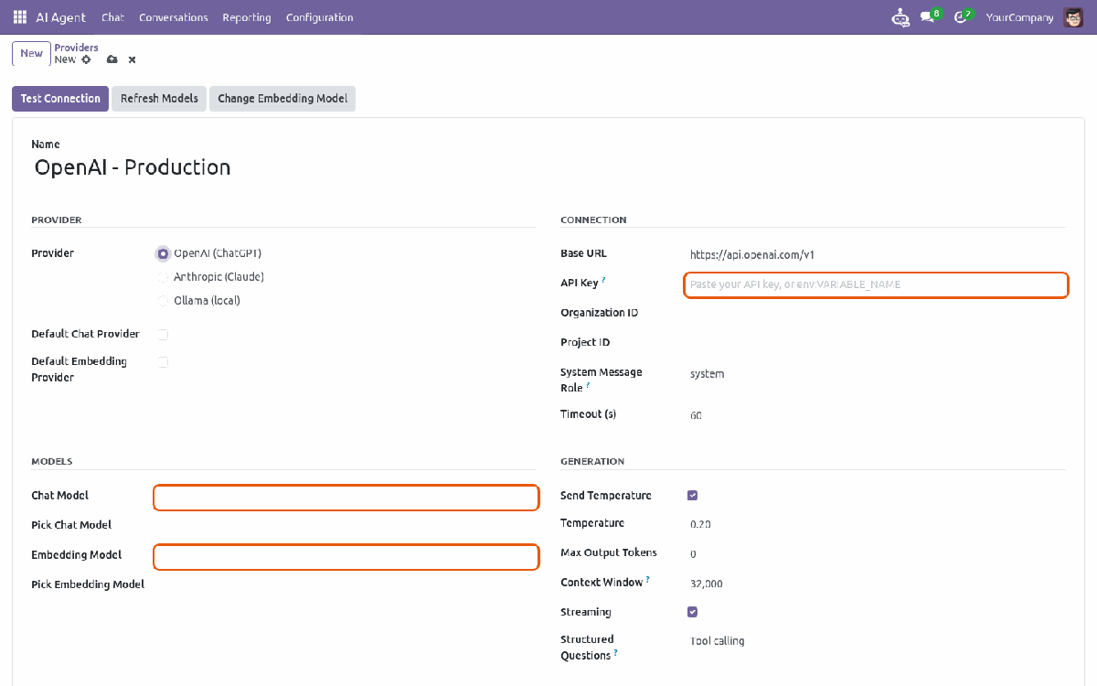Provider form with OpenAI selected showing API key, organization and model fields