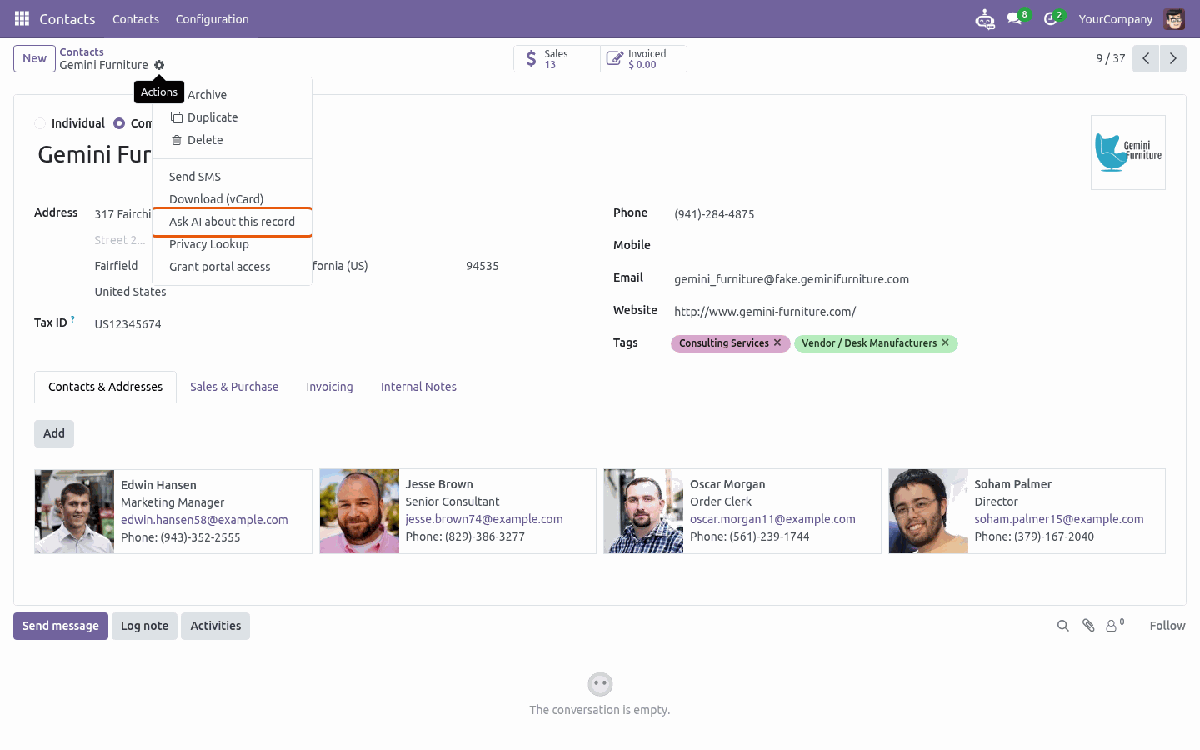 Actions menu on a record with Ask AI about this record
