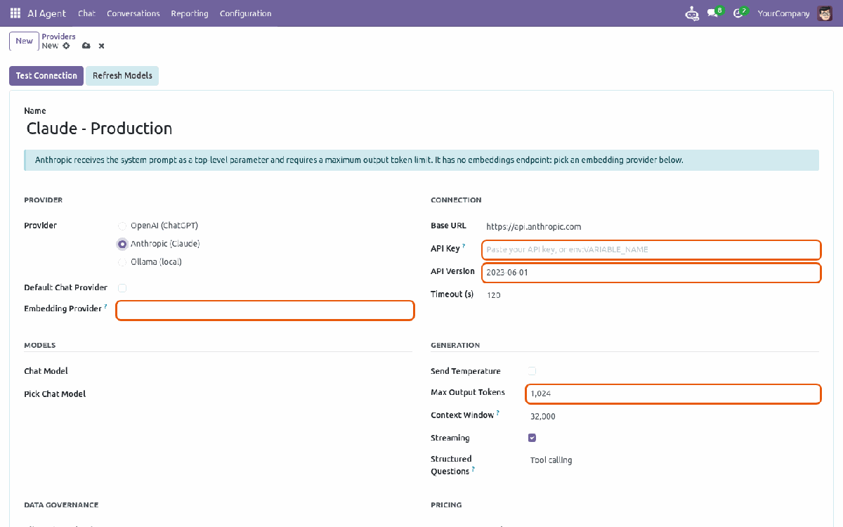 Provider form with Anthropic selected showing API key, API version and embedding provider