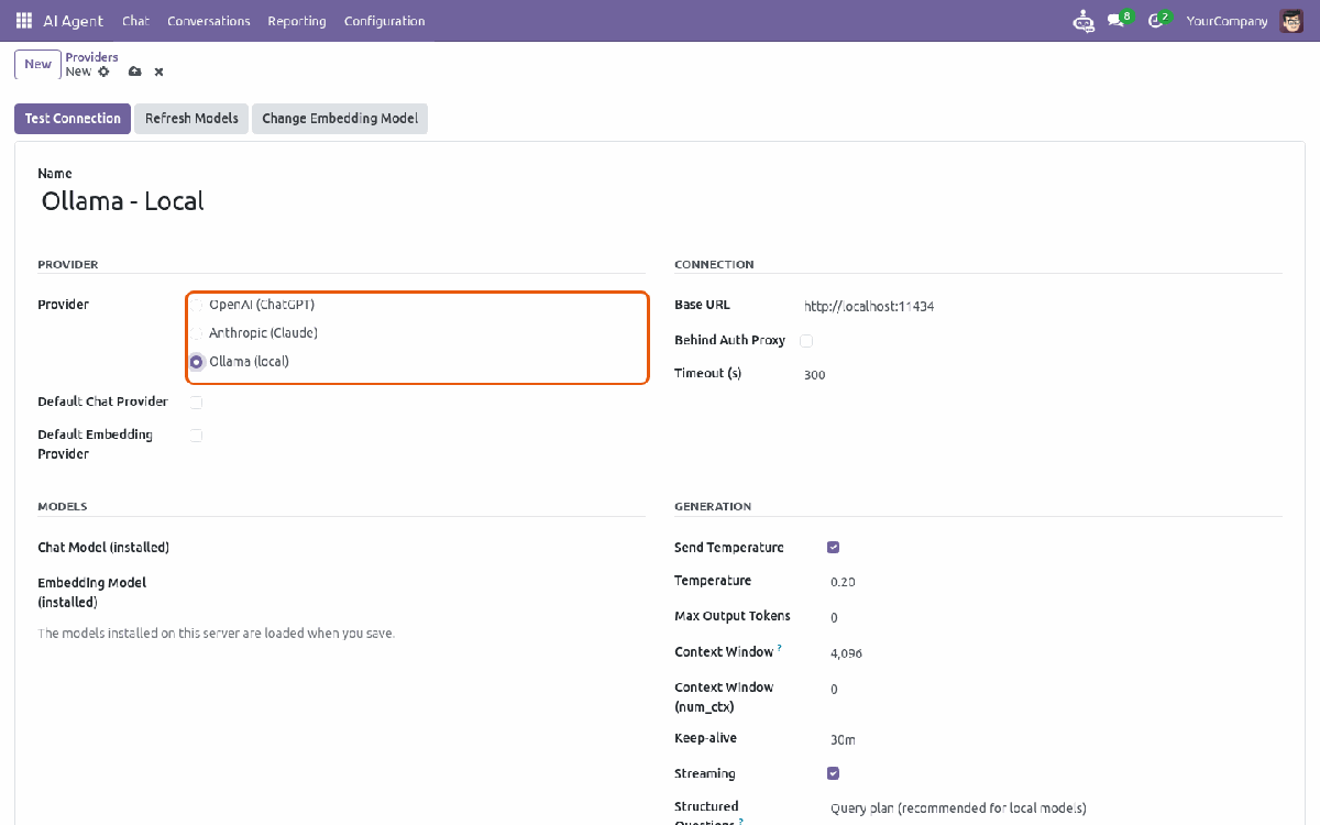 New provider form with Ollama selected and defaults filled in