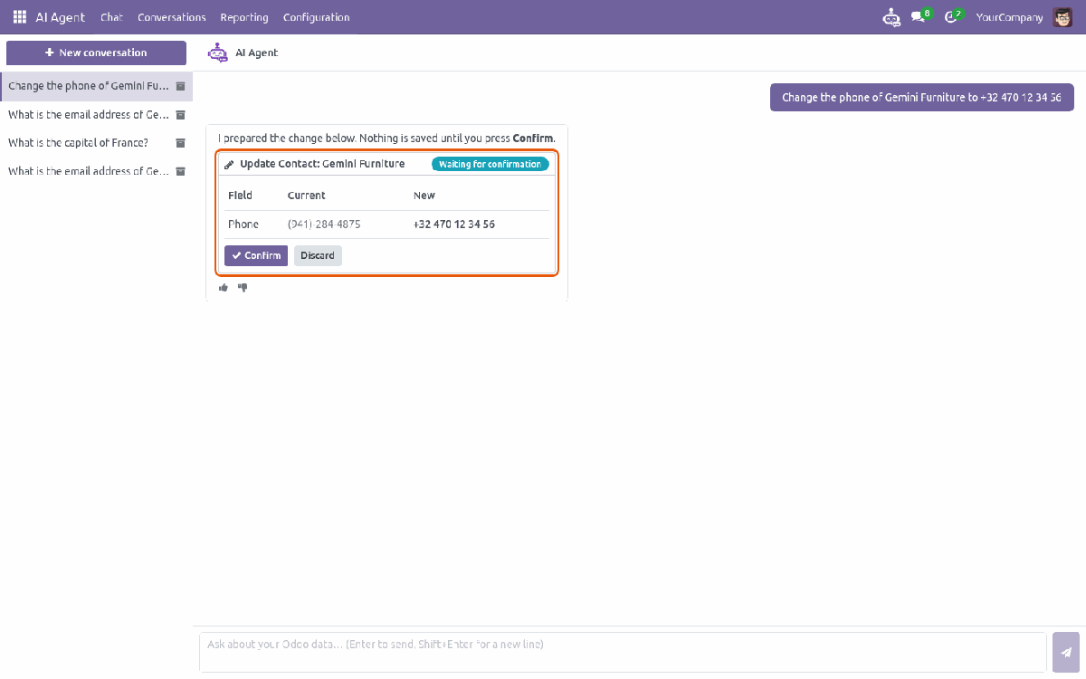 Chat with a prepared contact update showing current and new phone and Confirm and Discard buttons