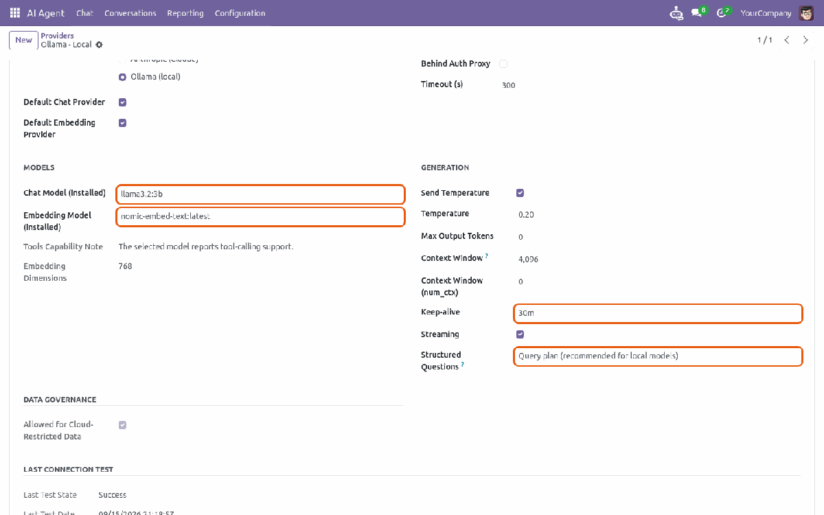 Saved Ollama provider with installed chat and embedding models, keep-alive and query plan mode