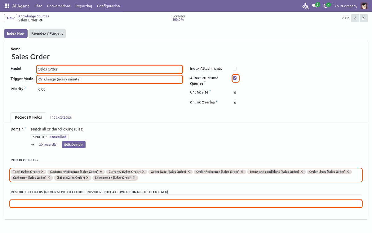 Knowledge source form with model, trigger mode, indexed and restricted fields