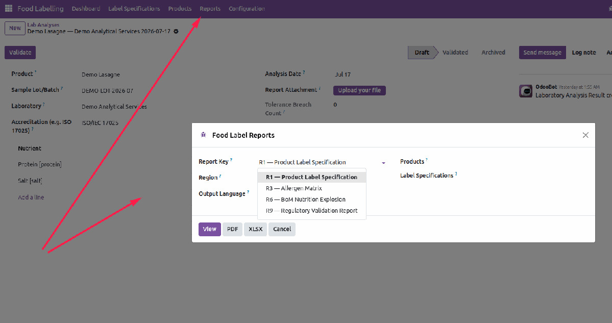 Food label report wizard and report formats