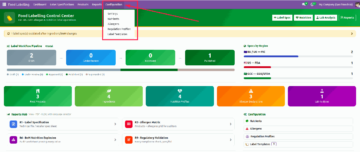 Easy Food Label dashboard and configuration menus