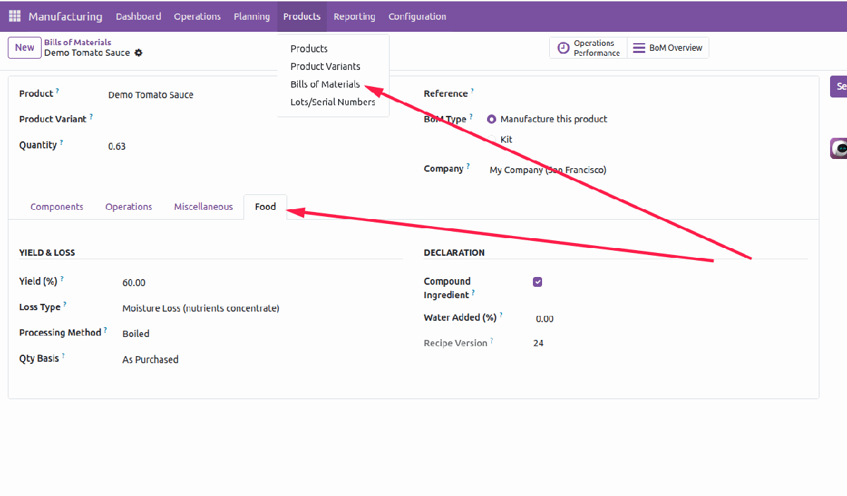 Food yield and declaration settings on a Bill of Materials