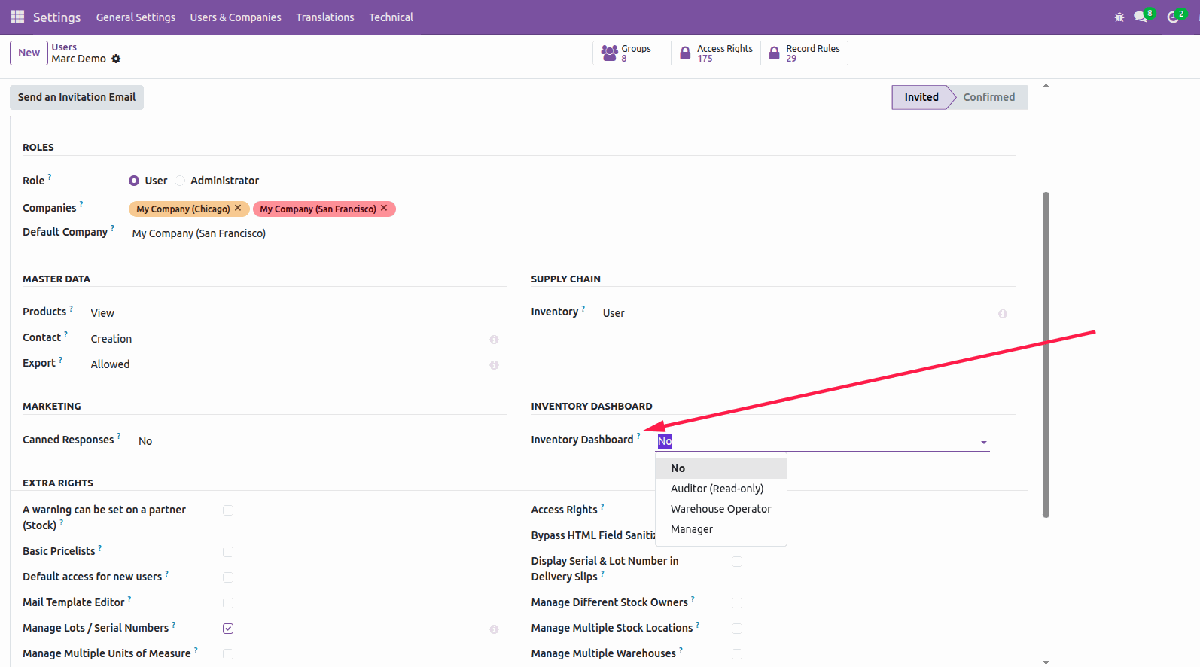 Inventory dashboard user roles on Odoo user form