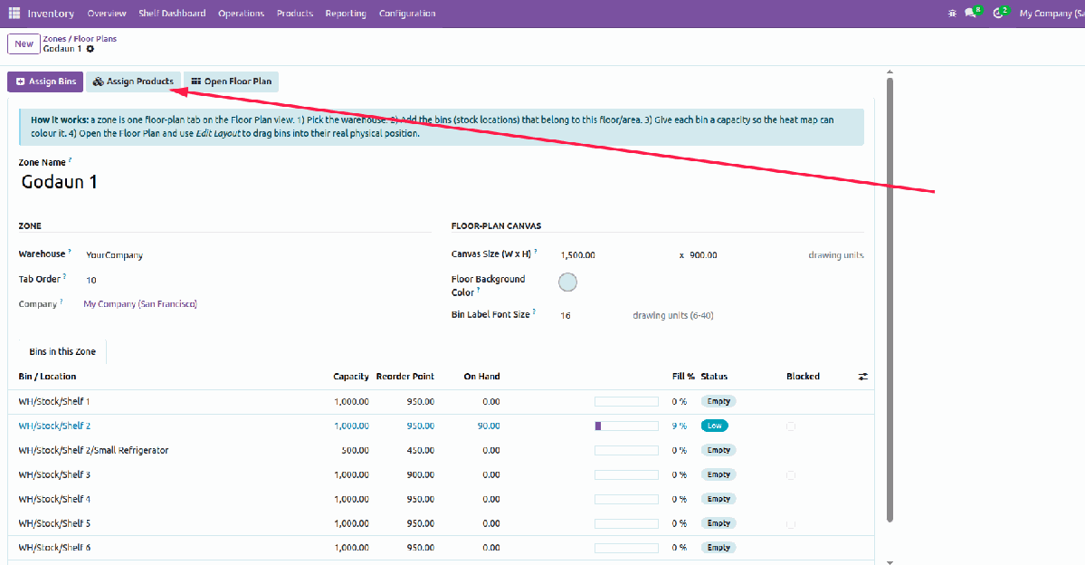 Bulk assign products and product categories to bins in a zone