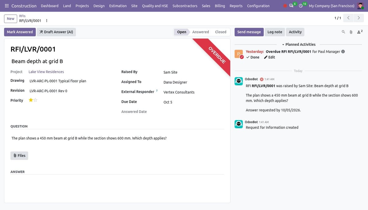RFI form marked overdue with question, assigned designer, external responder and the Draft Answer (AI) button