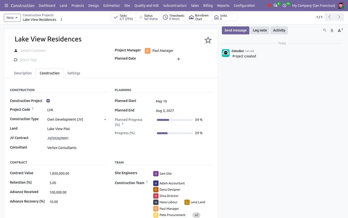 Project form Construction tab with project code, land, JV contract, planned dates, progress, contract value, retention and team
