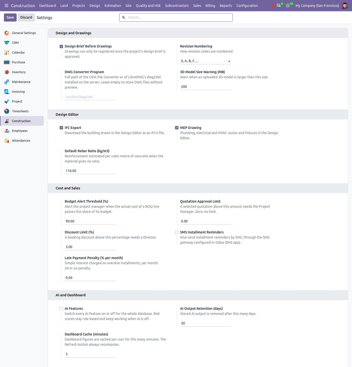 Construction settings with the Design and Drawings, Design Editor, Cost and Sales, and AI and Dashboard blocks