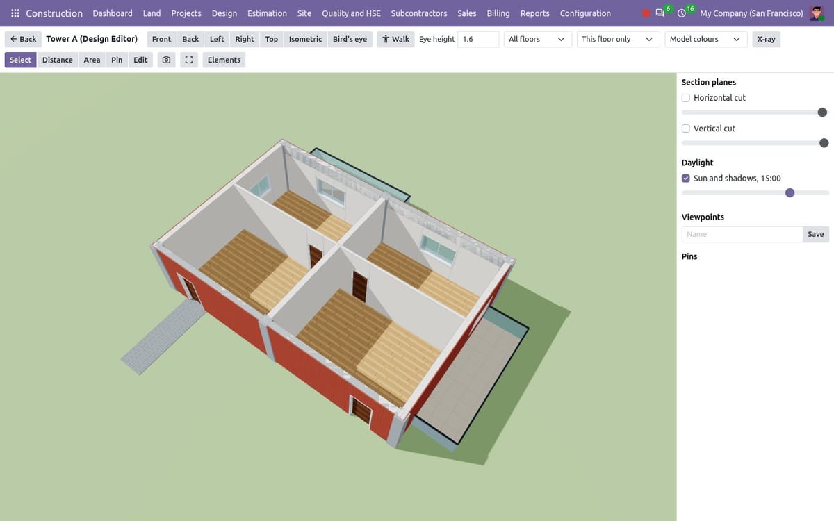 3D viewer showing the building drawn in the Design Editor with section planes, daylight and viewpoints