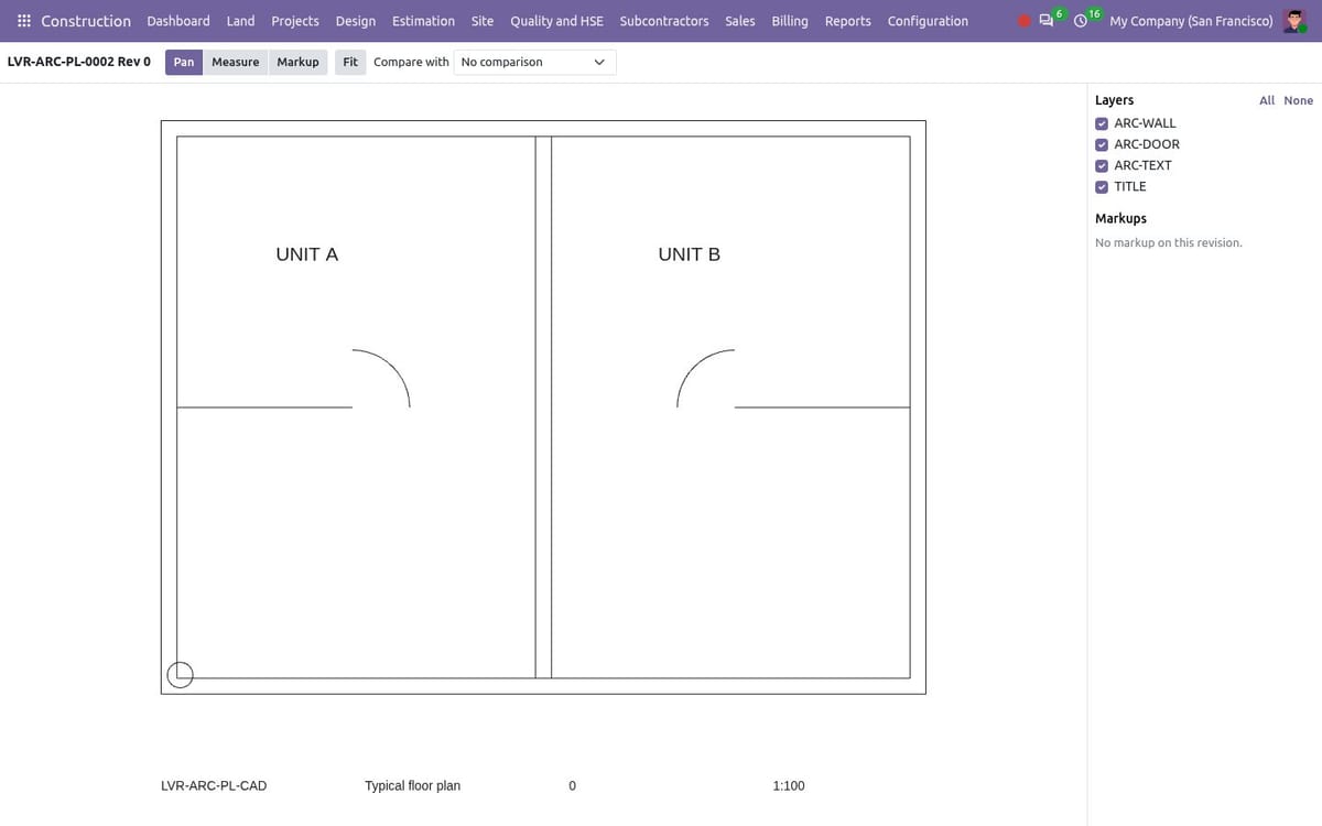 CAD viewer showing a DXF floor plan with layer list, measure and markup tools and revision compare